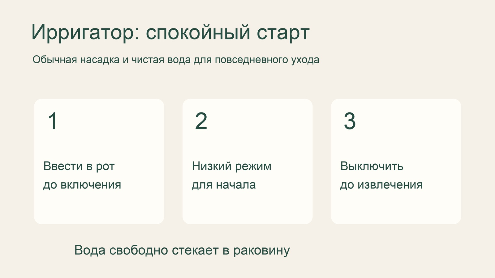 Схема первого использования ирригатора: ввести насадку, начать с низкого режима и выключить прибор перед извлечением.